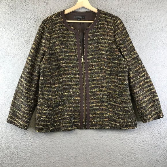 LAFAYETTE 148 NY Blazer Coat Tweed Zip Up Blazer Jacket Softshell Brown Trim 16 - Picture 1 of 8